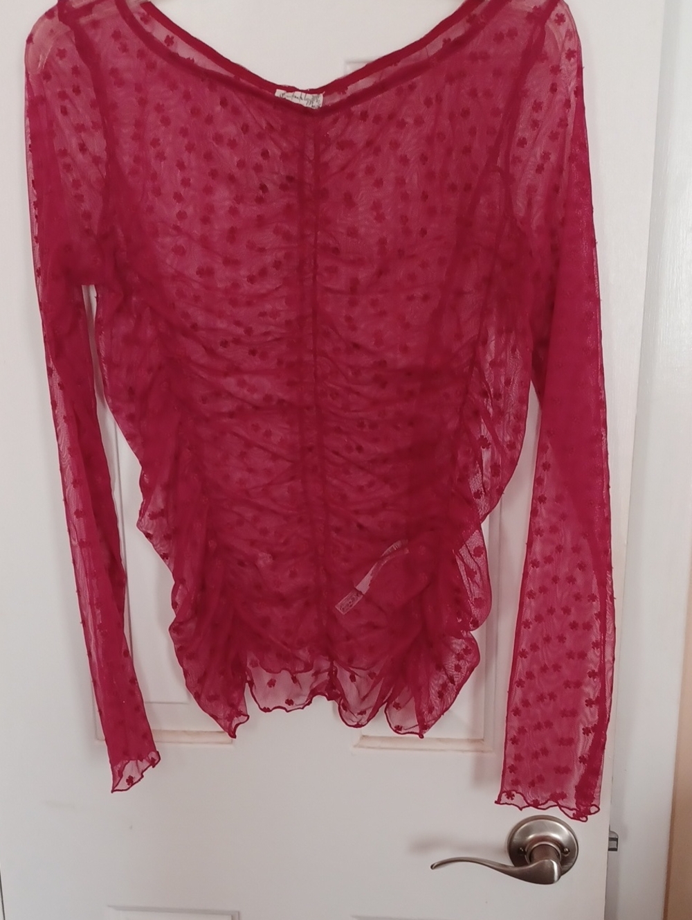 Free People Raspberry Sheer Ruffled Long-Sleeve Blouse